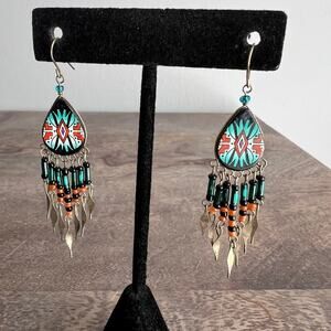 Patterned Southwestern style teardrop dreamcatcher wind chime dangle earring